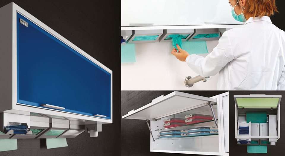 Подвесной шкаф с диспенсерами для хранения одноразовых материалов в стоматологическом кабинете