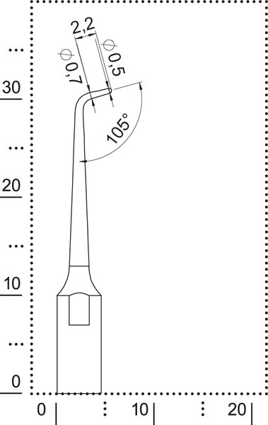 Dimensions of tip R2 for cleaning the root canal in the front